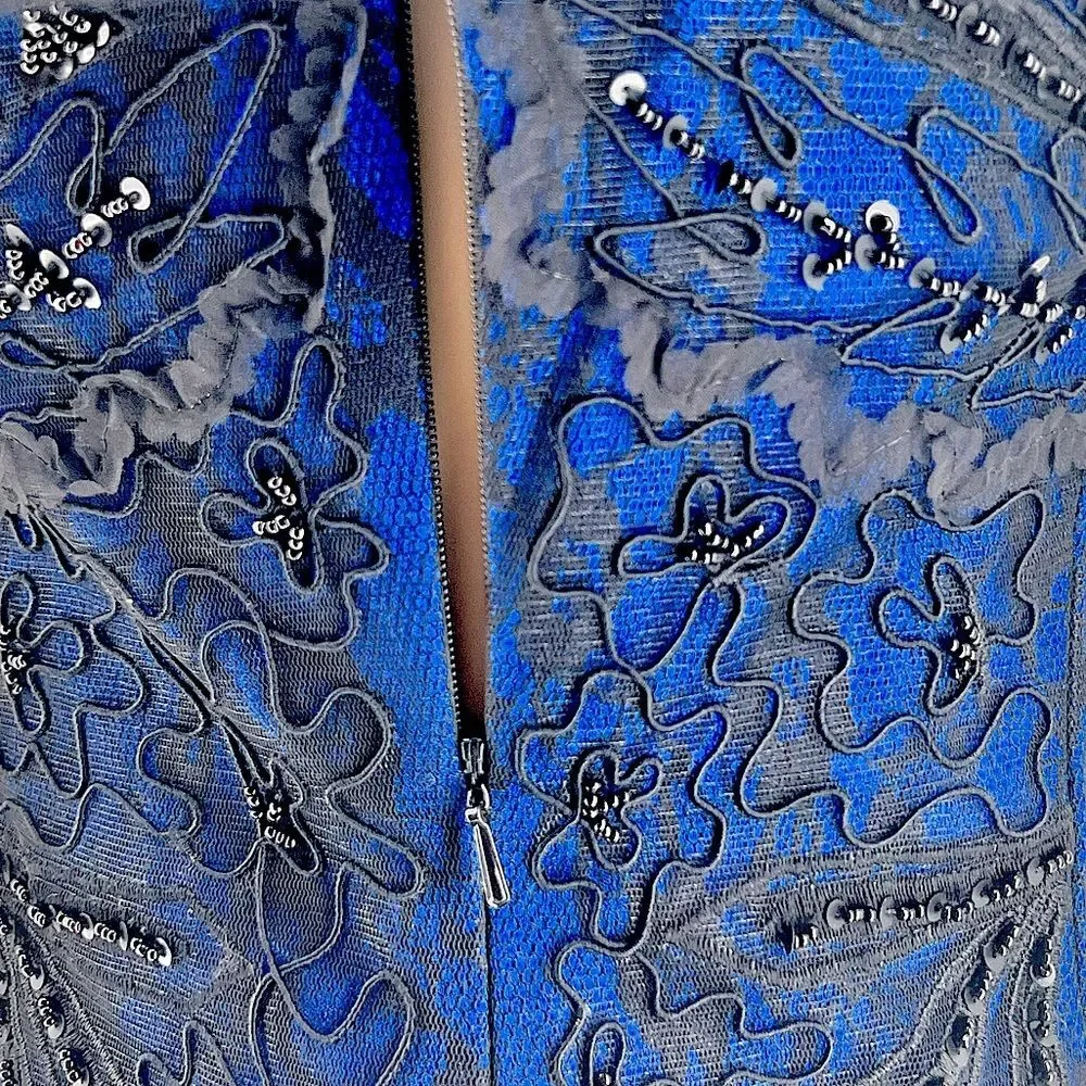 Sue Wong 3/4 SLEEVE V-NECK BEADED ROYAL BLUE & BLACK LACE COCKTAIL DRESS SIZE 4 - Picture 4 of 15